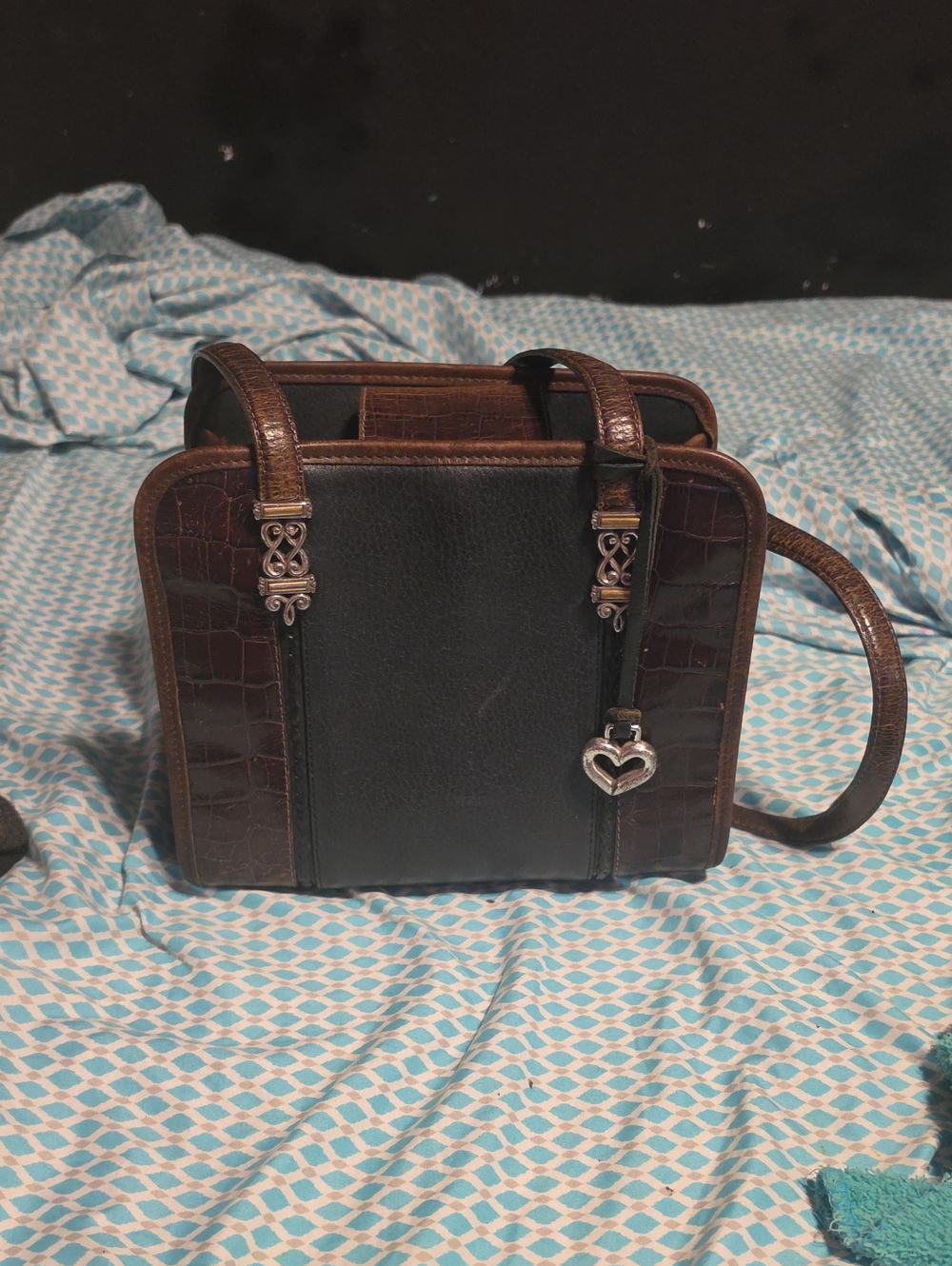 Brighton Black and Brown Croc-Trim Shoulder Bag with Heart Charm And Wallet